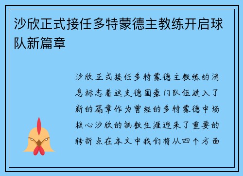 沙欣正式接任多特蒙德主教练开启球队新篇章